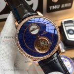Perfect Replica Jaeger LeCoultre Blue Tourbillon Sand Dial Rose Gold Case Leather 42mm Watch